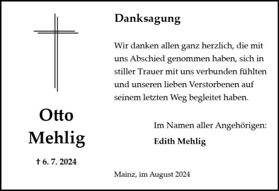 Traueranzeige von Otto Mehlig von Allgemeine Zeitung Mainz