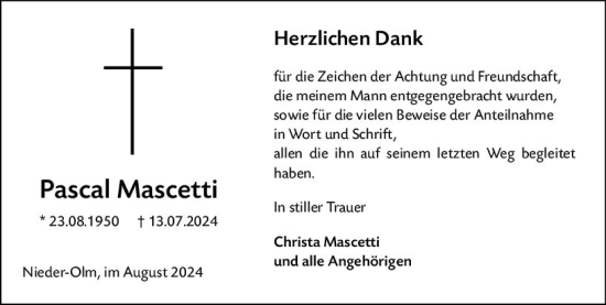 Traueranzeige von Pascal Mascetti von Allgemeine Zeitung Mainz