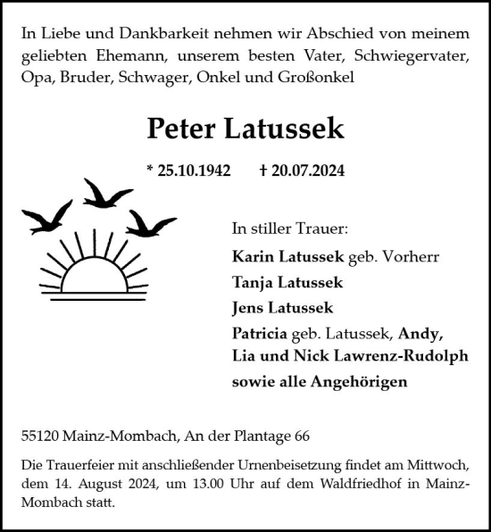 Traueranzeige von Peter Latussek von Allgemeine Zeitung Mainz