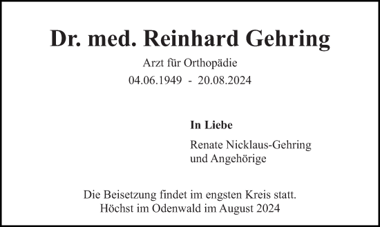 Traueranzeige von Reinhard Gehring von Odenwälder Echo