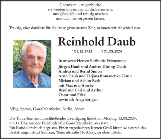 Traueranzeige von Reinhold Daub von Allgemeine Zeitung Alzey