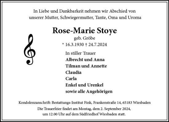 Traueranzeige von Rose-Marie Stoye von Wiesbadener Kurier