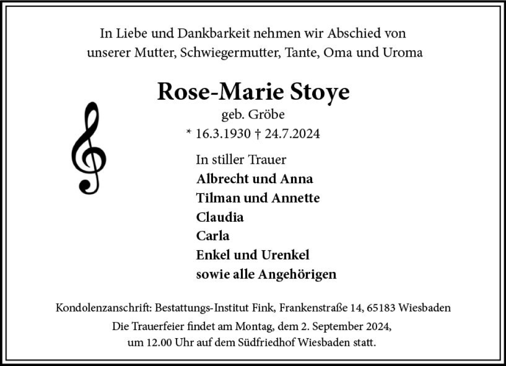  Traueranzeige für Rose-Marie Stoye vom 03.08.2024 aus Wiesbadener Kurier