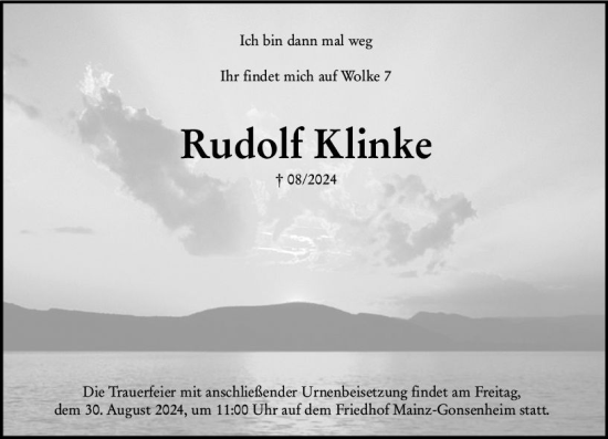 Traueranzeige von Rudolf Klinke von Allgemeine Zeitung Mainz