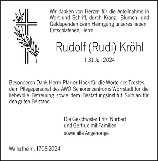 Traueranzeige von Rudolf Kröhl von Allgemeine Zeitung Alzey