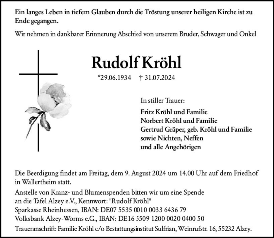 Traueranzeige von Rudolf Kröhl von Allgemeine Zeitung Alzey