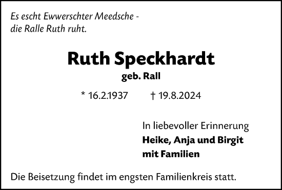 Traueranzeige von Ruth Speckhardt von Darmstädter Echo