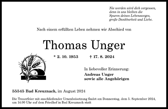 Traueranzeige von Thomas Unger von Allgemeine Zeitung Rheinhessen-Nahe