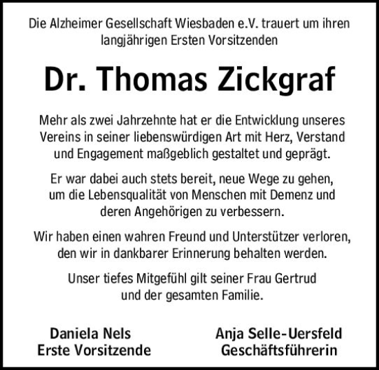 Traueranzeige von Thomas Zickgraf von Wiesbadener Kurier