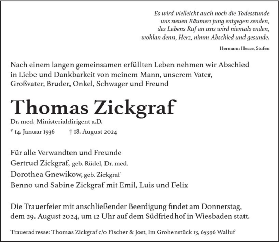 Traueranzeige von Thomas Zickgraf von Wiesbadener Kurier