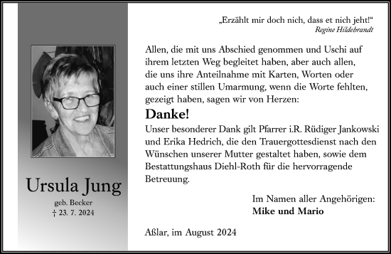 Traueranzeige von Ursula Jung von Wetzlarer Neue Zeitung