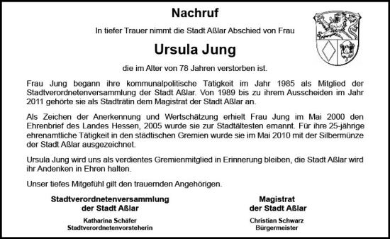 Traueranzeige von Ursula Jung von Wetzlarer Neue Zeitung