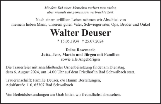 Traueranzeige von Walter Deuser von Wiesbadener Kurier