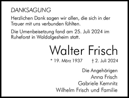 Traueranzeige von Walter Frisch von Allgemeine Zeitung Mainz