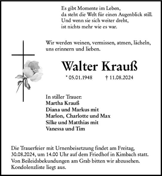 Traueranzeige von Walter Krauß von Odenwälder Echo