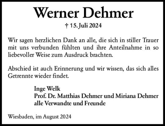 Traueranzeige von Werner Dehmer von Wiesbadener Kurier