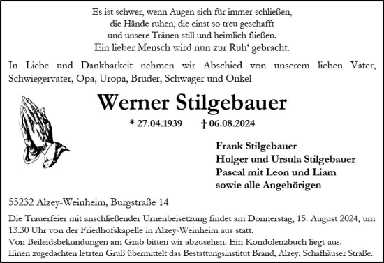 Traueranzeige von Werner Stilgebauer von Allgemeine Zeitung Alzey