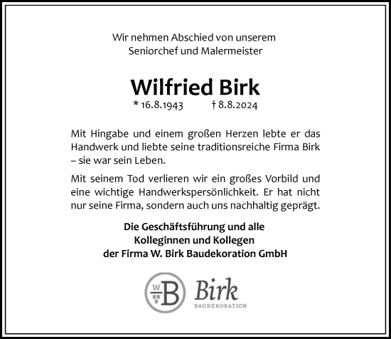 Traueranzeige von Wilfried Birk von Wiesbadener Kurier