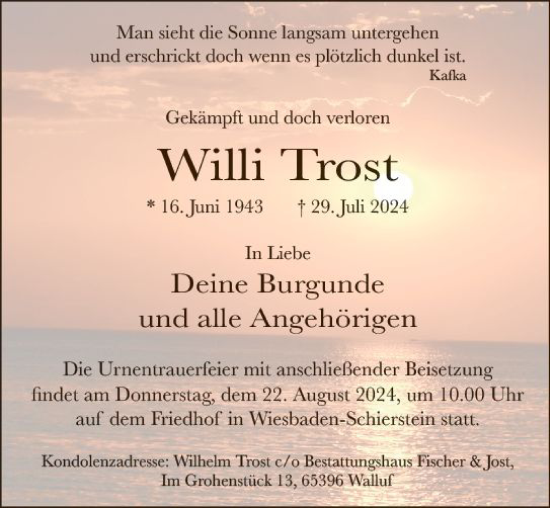 Traueranzeige von Willi Trost von Wiesbadener Kurier