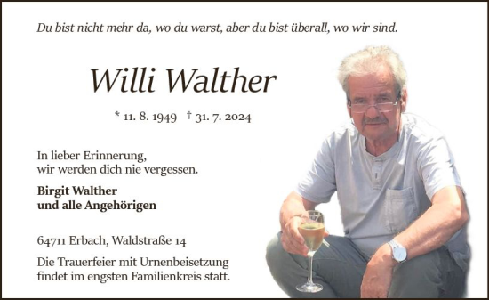 Traueranzeige von Willi Walther von Odenwälder Echo