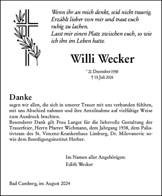 Traueranzeige von Willi Wecker von Camberger Anzeiger