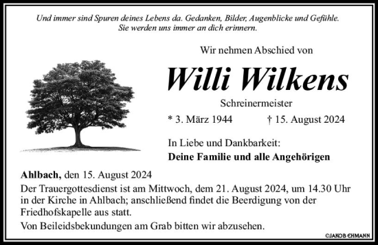 Traueranzeige von Willi Wilkens von Nassauische Neue Presse