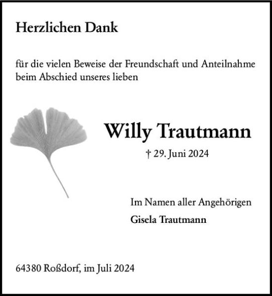 Traueranzeige von Willy Trautmann von Odenwälder Echo