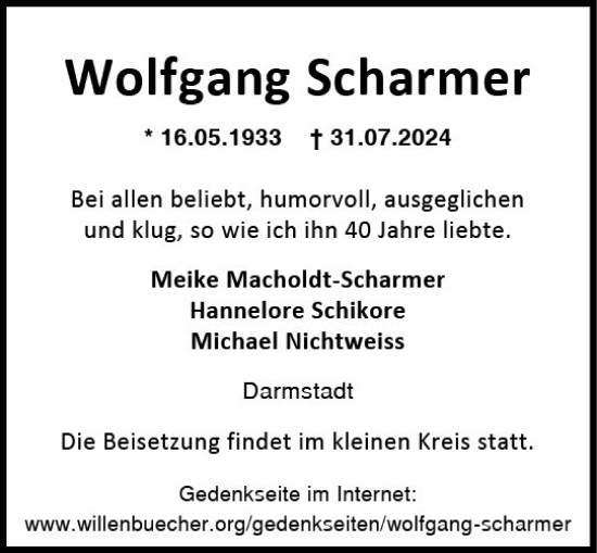 Traueranzeige von Wolfgang Scharmer von Darmstädter Echo