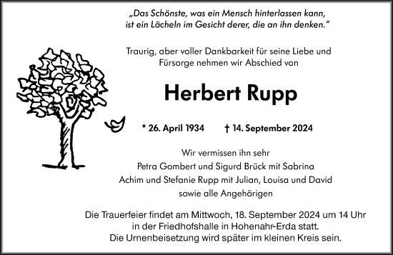 Traueranzeige von Herbert Rupp von Wetzlarer Neue Zeitung