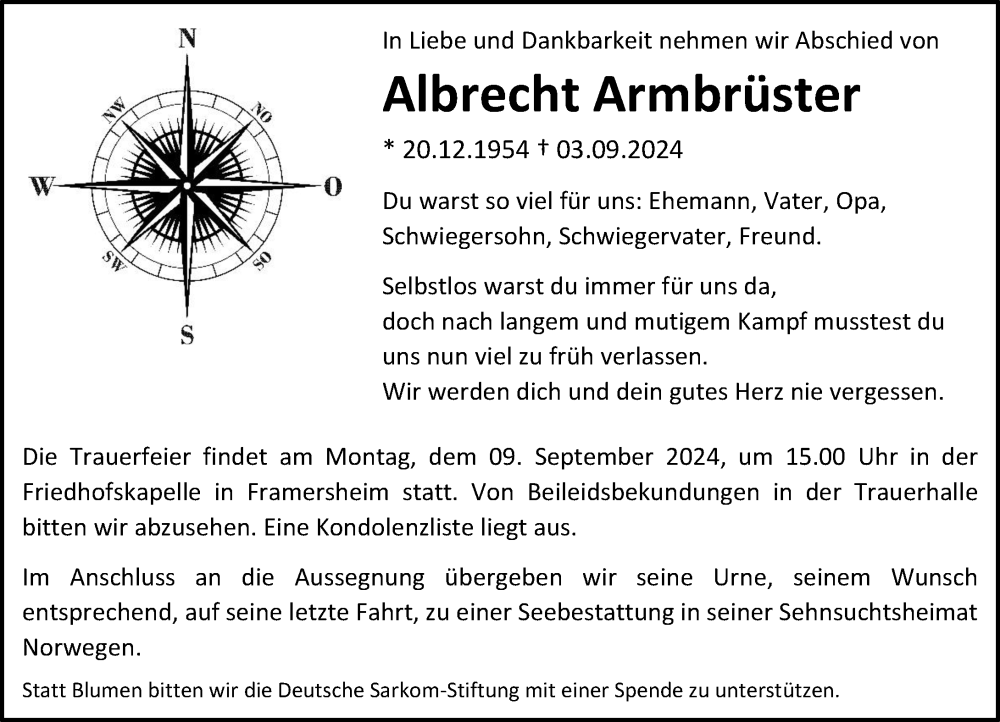  Traueranzeige für Albrecht Armbrüster vom 05.09.2024 aus Allgemeine Zeitung Alzey