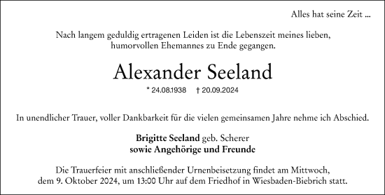 Traueranzeige von Alexander Seeland von Wiesbadener Kurier