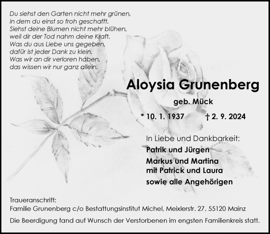 Traueranzeige von Aloysia Grunenberg von Allgemeine Zeitung Mainz