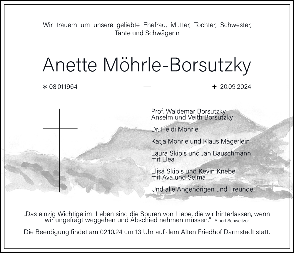  Traueranzeige für Anette Möhrle-Borsutzky vom 28.09.2024 aus Darmstädter Echo