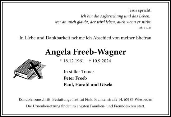 Traueranzeige von Angela Freeb-Wagner von Wiesbadener Kurier