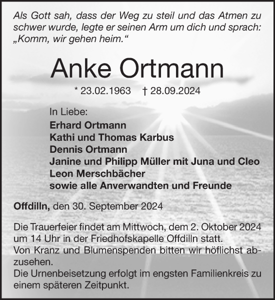 Traueranzeige von Anke Ortmann von Dill Block