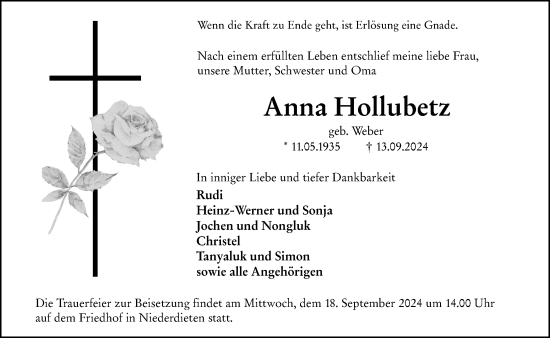 Traueranzeige von Anna Hollubetz von Hinterländer Anzeiger