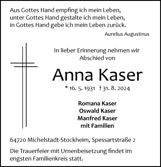 Traueranzeige von Anna Kaser von Odenwälder Echo