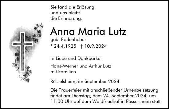 Traueranzeige von Anna Maria Lutz von Rüsselsheimer Echo