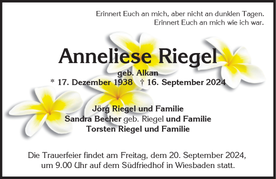 Traueranzeige von Anneliese Riegel von Wiesbadener Kurier