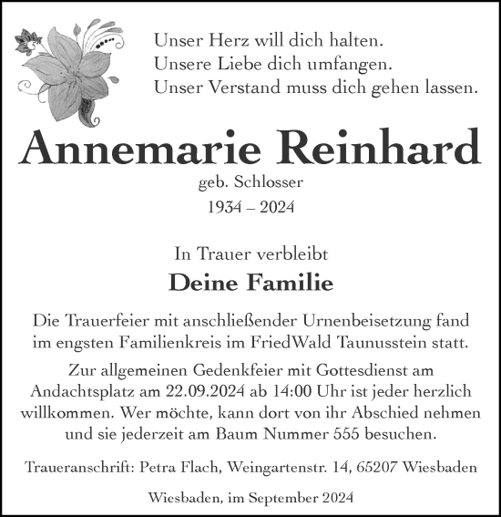 Traueranzeige von Annemarie Reinhard von Wiesbadener Kurier