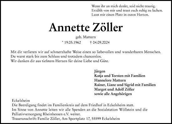 Traueranzeige von Annette Zöller von Allgemeine Zeitung Alzey