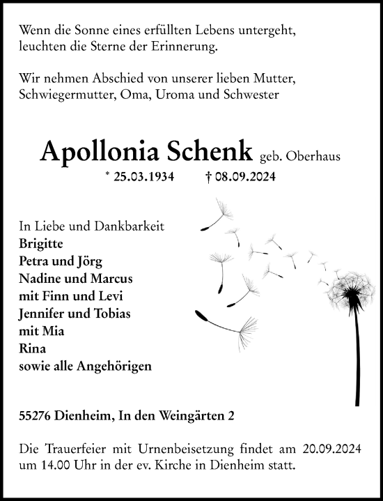 Traueranzeige von Apollonia Schenk von Allgemeine Zeitung Mainz