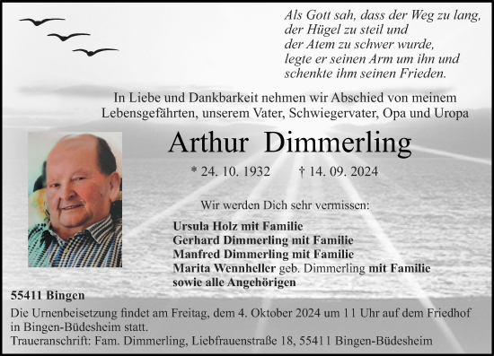 Traueranzeige von Arthur Dimmerling von Allgemeine Zeitung Rheinhessen-Nahe