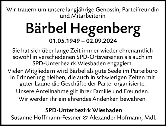 Traueranzeige von Bärbel Hegenberg von Wiesbadener Kurier