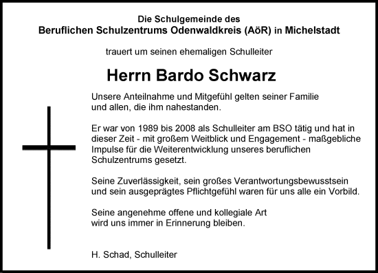 Traueranzeige von Bardo Schwarz von Odenwälder Echo