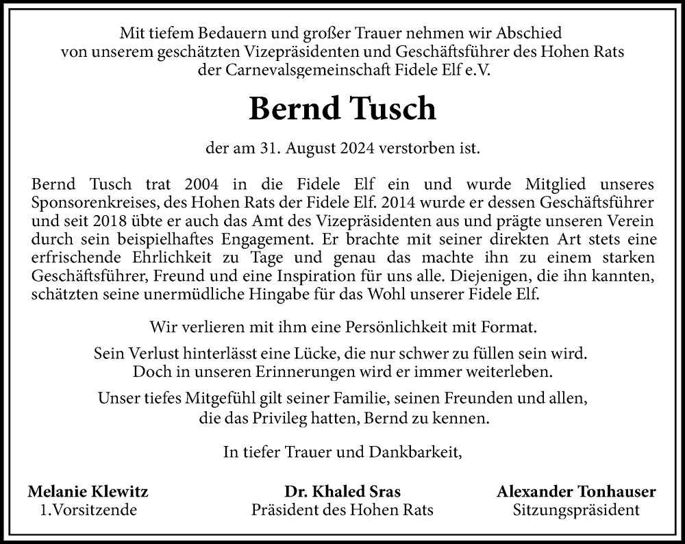  Traueranzeige für Bernd Tusch vom 07.09.2024 aus Wiesbadener Kurier