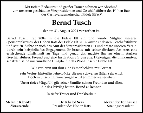 Traueranzeige von Bernd Tusch von Wiesbadener Kurier