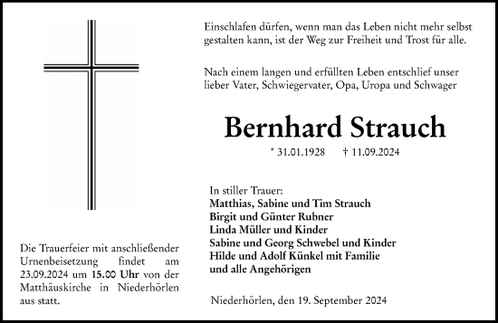 Traueranzeige von Bernhard Strauch von Hinterländer Anzeiger