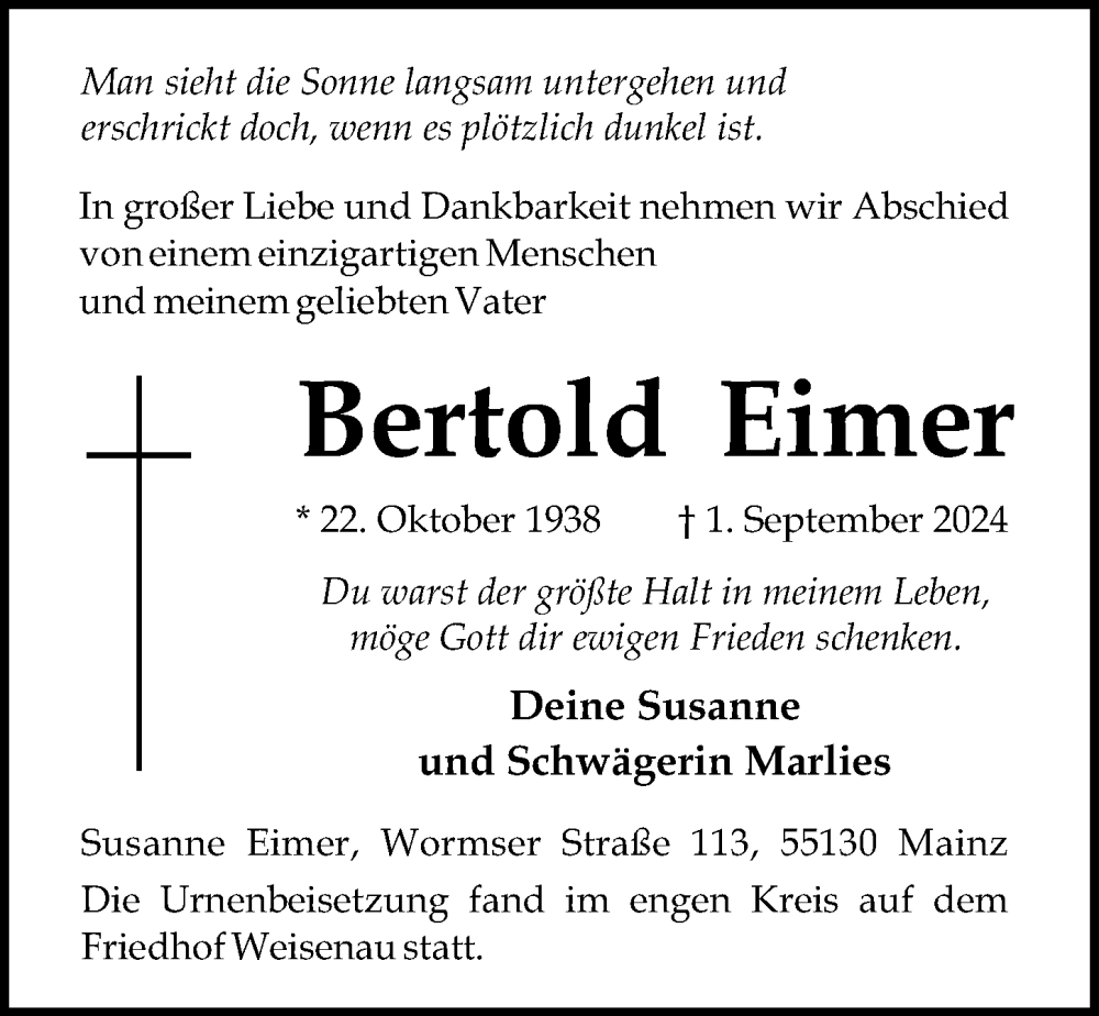  Traueranzeige für Bertold Eimer vom 21.09.2024 aus Allgemeine Zeitung Mainz