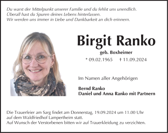 Traueranzeige von Birgit Ranko von Starkenburger Echo